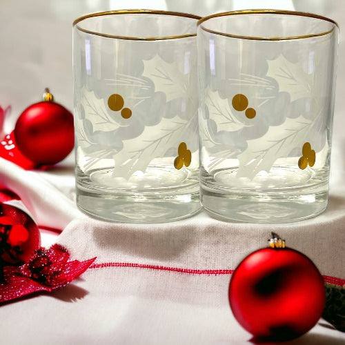 Vintage Satin Etch Holly Leaves & Gold Berries Glasses Set