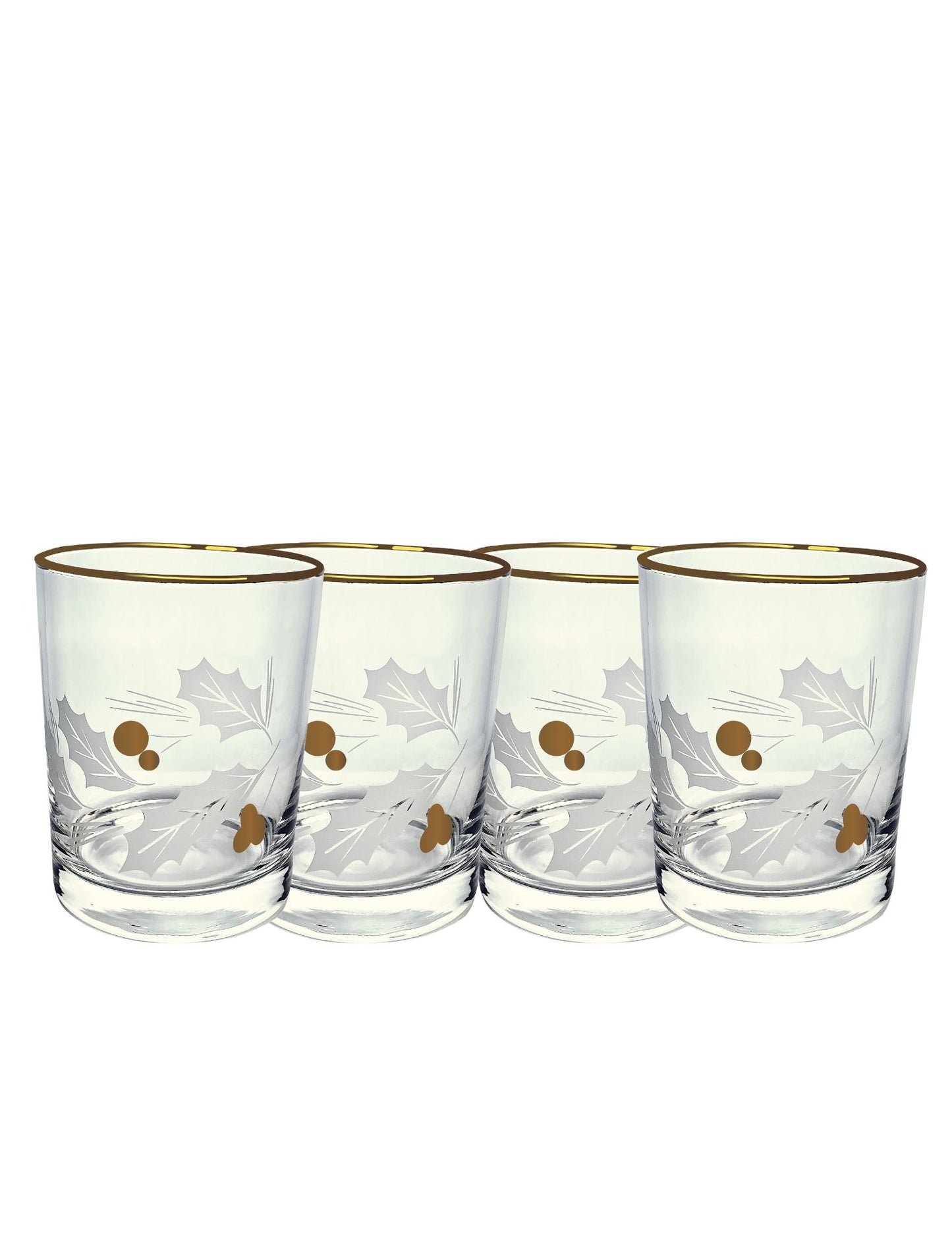 Vintage Satin Etch Holly Leaves & Gold Berries Glasses Set